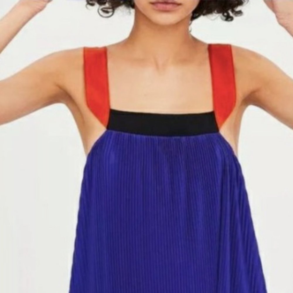 Zara Blue Pleated Maxi Dress with Red Straps